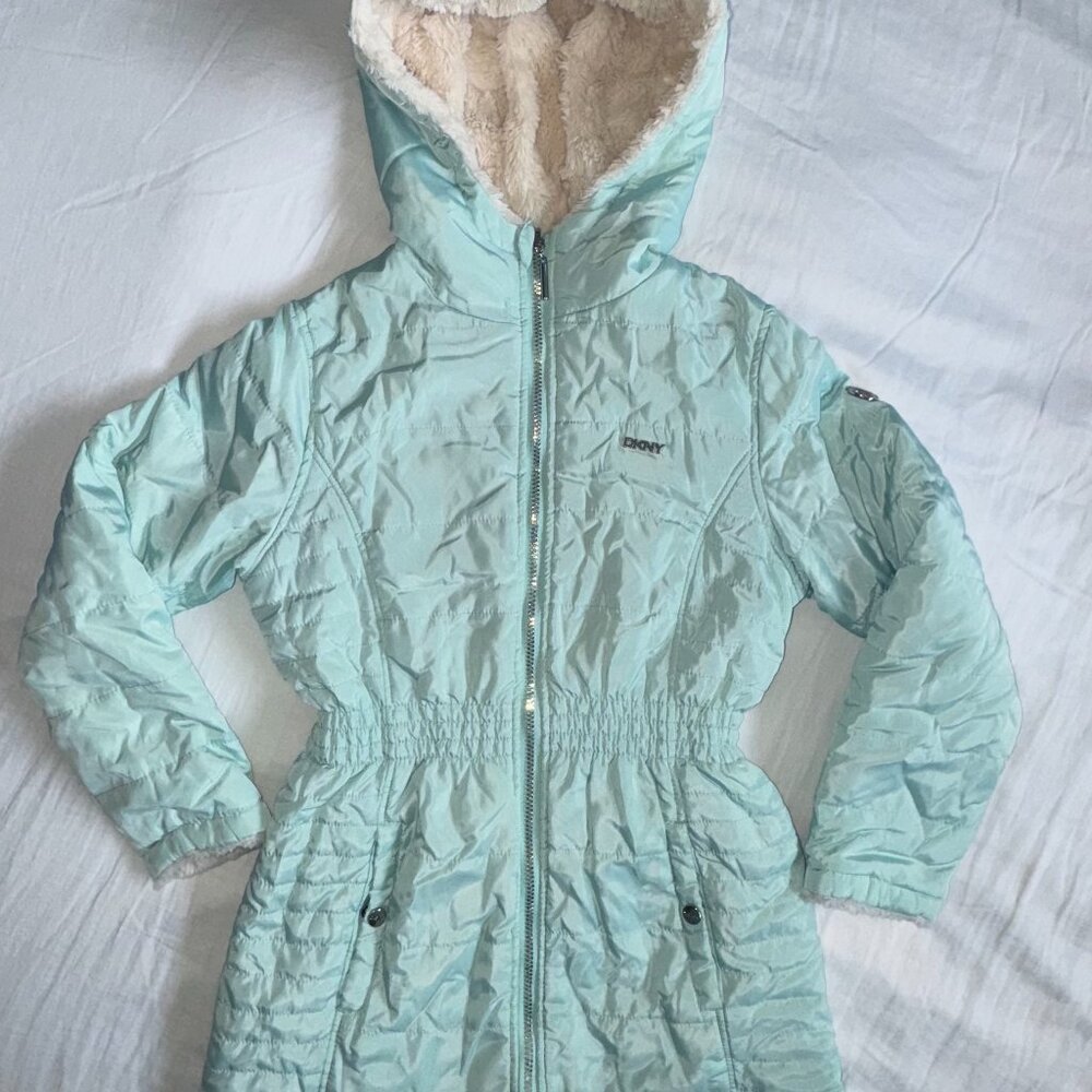 DKNY• REVERSIBLE Coat 2-in-1 • Mint Green & Soft Plush Cream Print • Girls 14/16